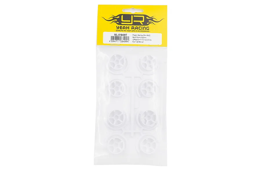 A sealed clear plastic bag containing eight white plastic RC car rims on a sprue, with a yellow Yeah Racing header card.
