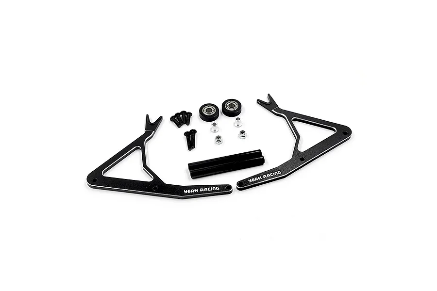 A disassembled black aluminium RC car stand kit by Yeah Racing, including two side frames, two support rods, bearings, screws, and nuts on a white background.