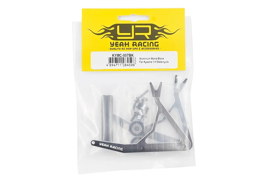 Yeah Racing KYMC-007BK black aluminium stand for Kyosho 1/8 motorcycle in original retail packaging.