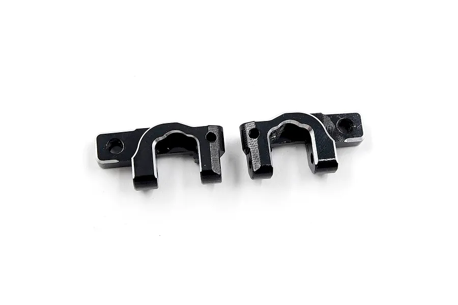Two black anodized aluminium C-hub carriers for RC cars, featuring silver chamfered edges, shown against a plain white background.