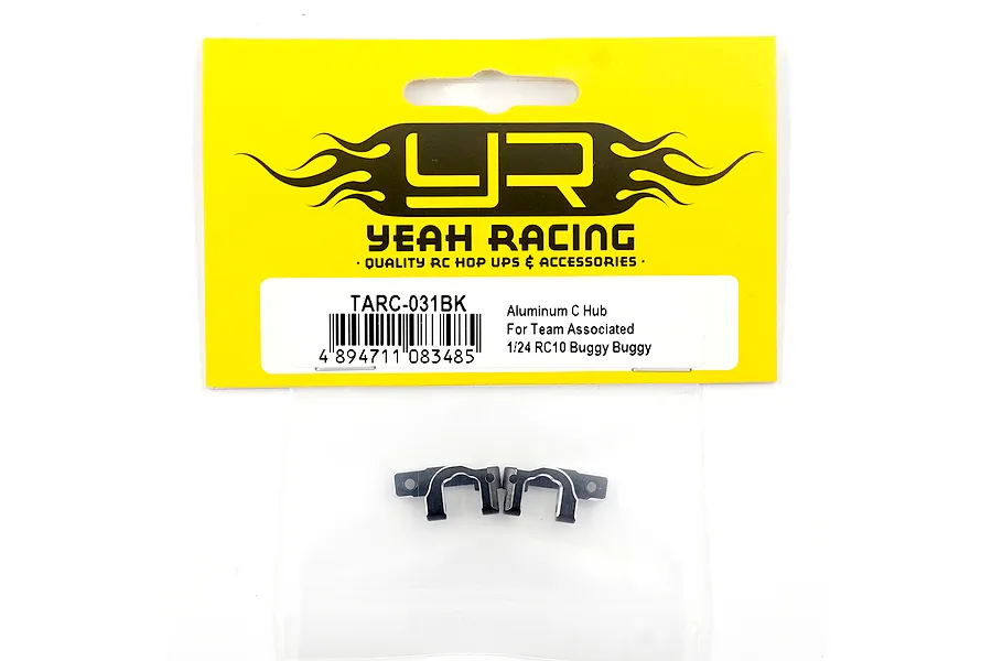 Two black aluminium C-hubs for 1/24 RC10 buggy in Yeah Racing retail packaging.