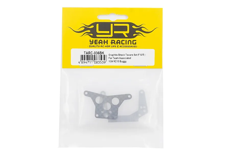 Yeah Racing TARC-036BK graphite shock towers for 1/24 RC10 buggy in original yellow and clear plastic retail packaging.