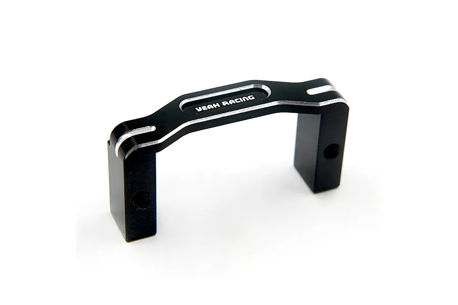 A black anodized aluminium servo mount for RC cars by Yeah Racing, featuring silver chamfered edges and the brand logo.