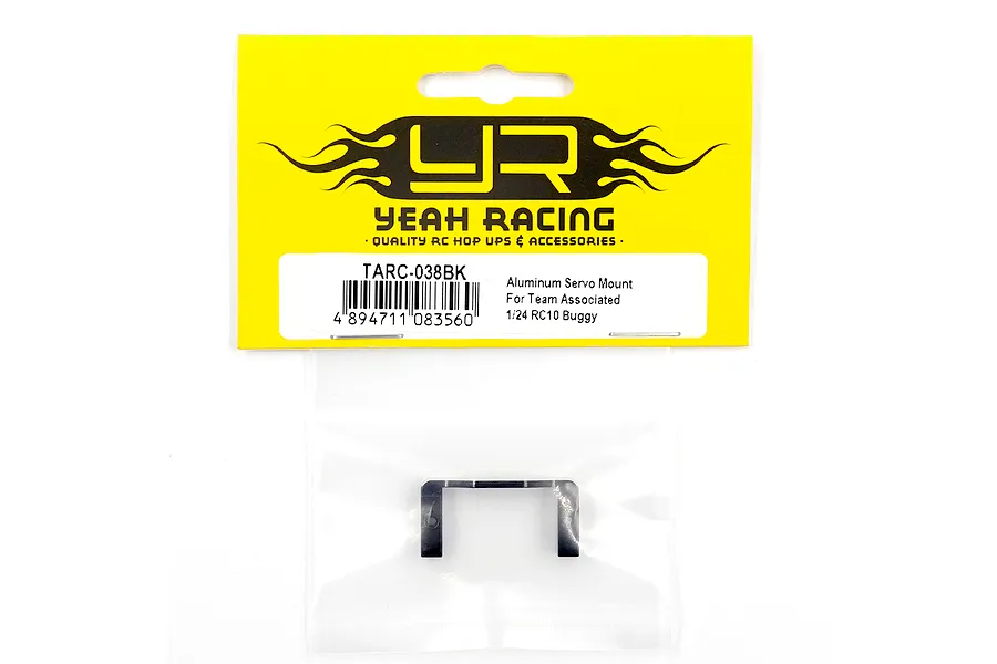A black aluminium servo mount for a 1/24 RC10 buggy by Yeah Racing, sealed in its original yellow and white retail packaging.