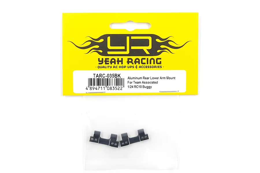 Yeah Racing TARC-035BK aluminium rear lower arm mounts for Team Associated 1/24 RC10 buggy in original yellow and black packaging.