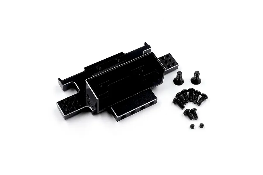 A black anodized aluminium rear bulkhead for an RC car, shown with a set of matching black screws on a white background.