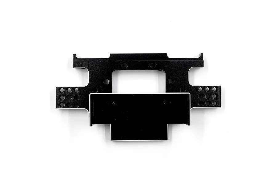 A black anodized aluminium rear bulkhead component for an RC car, featuring multiple mounting holes and a machined finish.