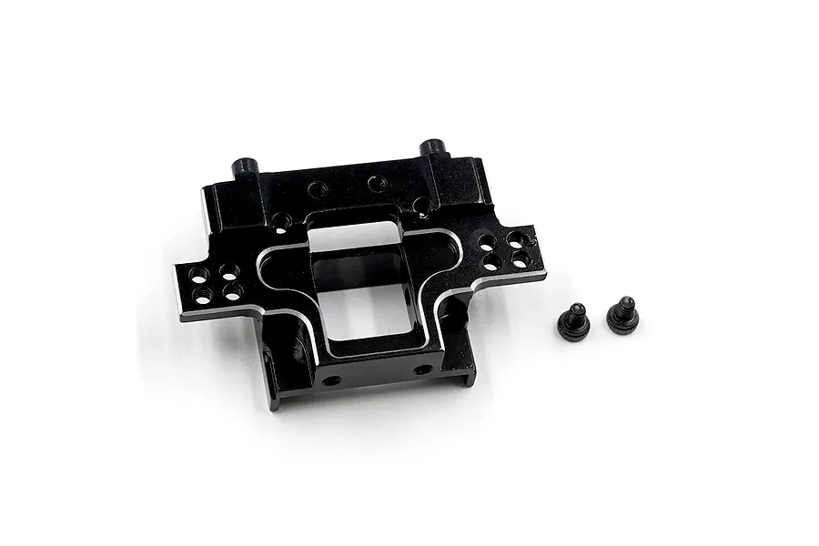 A black anodized aluminium rear bulkhead for an RC car with two small mounting screws, isolated on a white background.