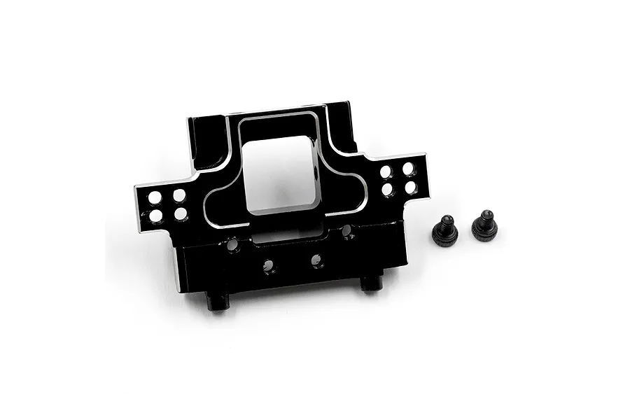 A black anodized aluminium rear bulkhead for an RC car with silver chamfered edges, accompanied by two small black screws.