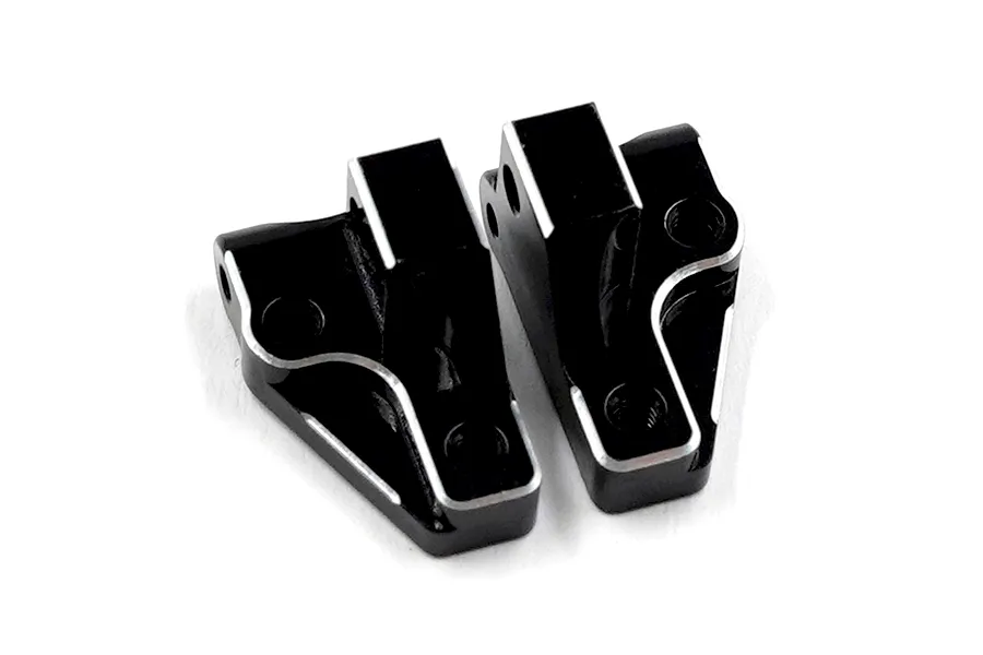 Two black anodized aluminium RC front lower arm mounts with silver chamfered edges, shown against a white background.