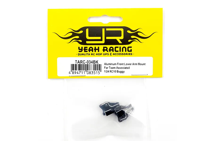 Yeah Racing TARC-034BK black aluminium front lower arm mounts for Team Associated 1/24 RC10 buggy in original yellow and white retail packaging.