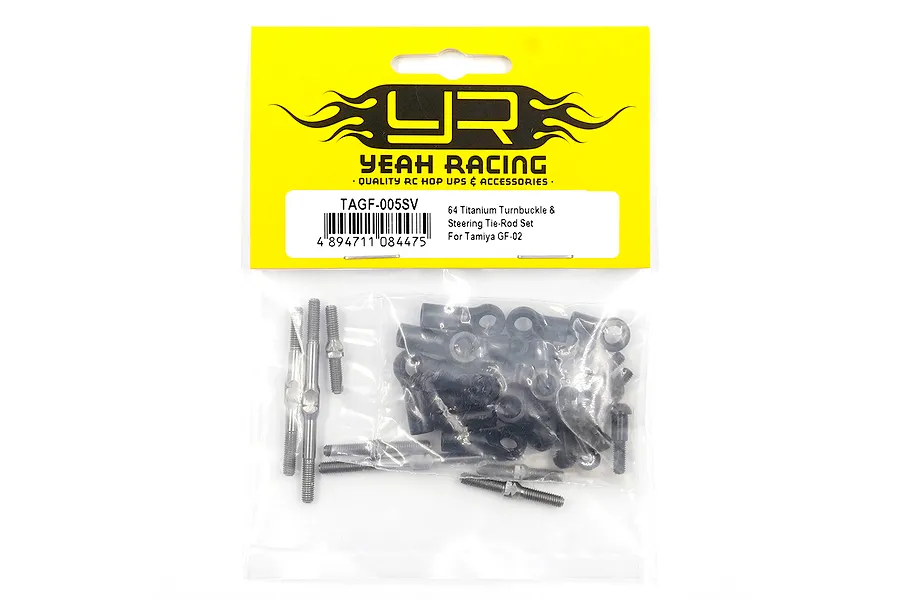 Yeah Racing 64 Titanium Turnbuckle &amp; Steering Tie-Rod Set for Tamiya GF-02 in original retail packaging.