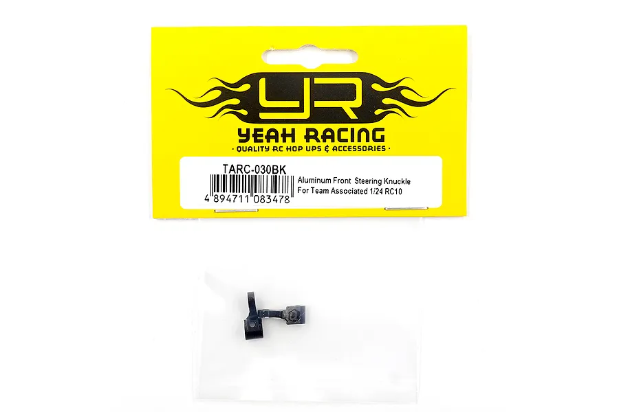 Yeah Racing TARC-030BK aluminium front steering knuckles for Team Associated 1/24 RC10 in original yellow and white retail packaging.