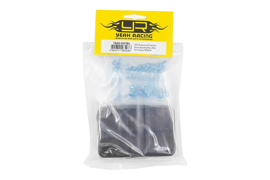 Yeah Racing aluminium and titanium screw kit in a clear plastic bag with a yellow header card and a black storage case.