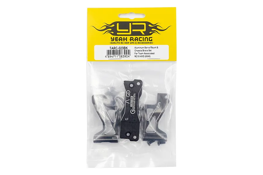 Yeah Racing TARC-023BK aluminium servo mount and chassis brace set for Team Associated RC10 4WD in original retail packaging.