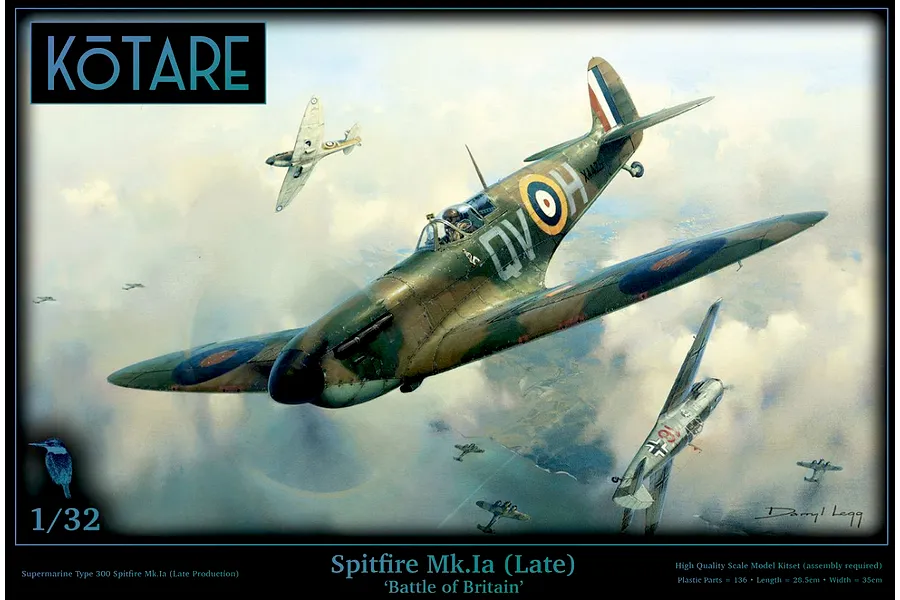 Box art for a Kotare 1/32 scale Spitfire Mk.Ia (Late) model kit, featuring an aerial combat scene with a Spitfire and a Messerschmitt Bf 109.