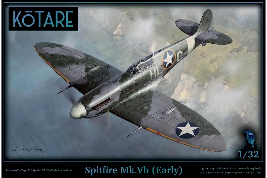 Box art for a Kotare 1/32 scale Supermarine Spitfire Mk.Vb (Early) model kit featuring a painting of a Spitfire in flight.
