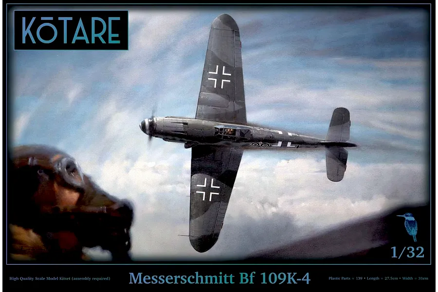 Box art for Kotare 1/32 scale Messerschmitt Bf 109K-4 model kit featuring an illustration of the aircraft in flight and a pilot in the foreground.