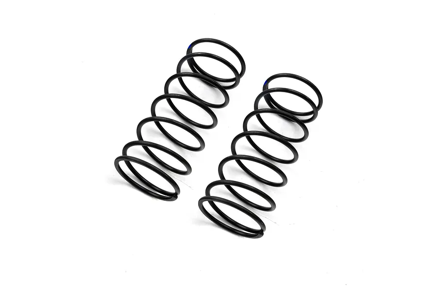 Two black metal RC shock springs with a small blue paint mark on one end, isolated on a white background.