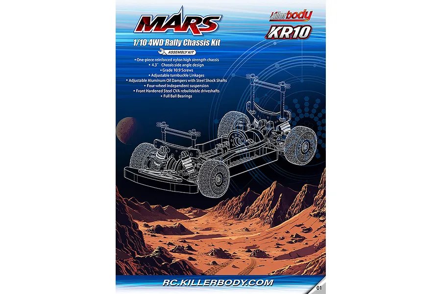 Promotional graphic for the Killerbody Mars KR10 1/10 4WD Rally Chassis Kit featuring a wireframe chassis illustration over a Martian landscape.