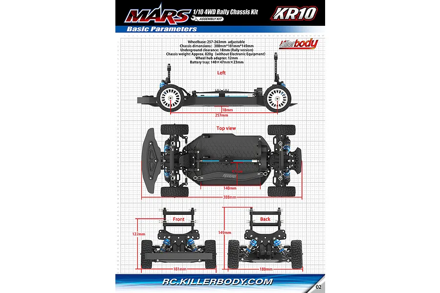 Technical diagram showing the dimensions and specifications of the Killerbody Mars KR10 1/10 scale 4WD rally chassis kit from multiple angles.