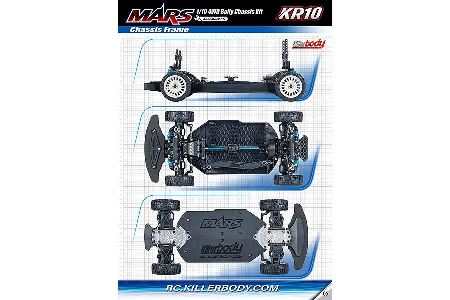 Three views of the Killerbody Mars KR10 1/10 scale RC rally car chassis kit, showing side, top, and bottom profiles on a grid background.