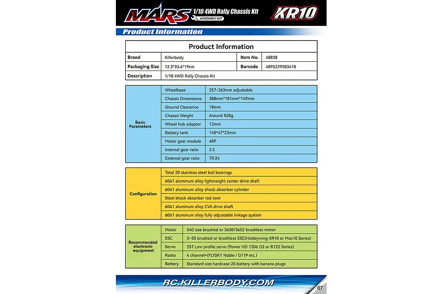 Killerbody Mars KR10 RC Rally Car Electric 4WD 1/10 Scale Kit image 8