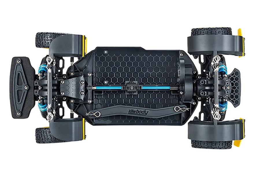 Top-down view of the Killerbody Mars KR10 RC rally car chassis, showing the black honeycomb-patterned frame, blue driveshaft, and suspension components.
