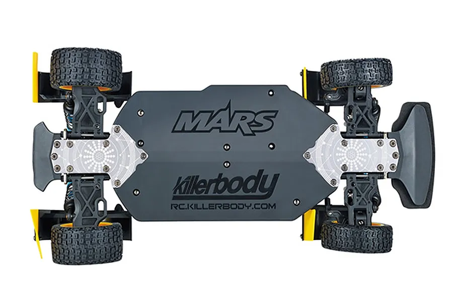 Top-down view of the Killerbody Mars RC car chassis showing the dark grey main deck with branding and four rubber tires.