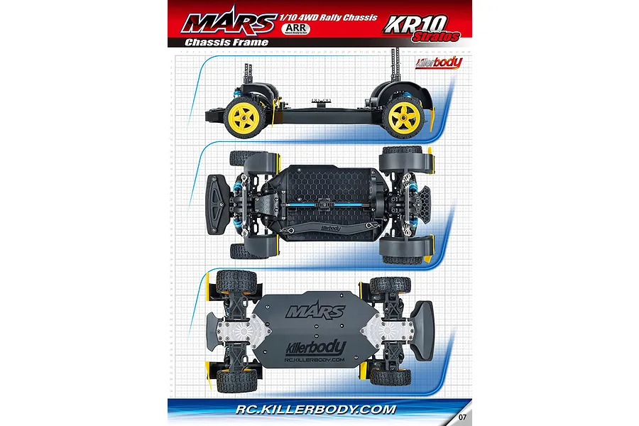 Three views of the Killerbody Mars KR10 1/10 scale RC rally car chassis frame on a grid background.