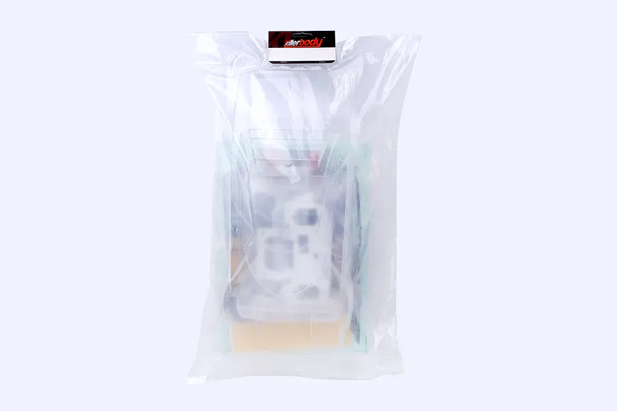A clear, unpainted 1/10 scale RC car body shell by Killerbody, sealed inside a transparent plastic bag with a branded header card.