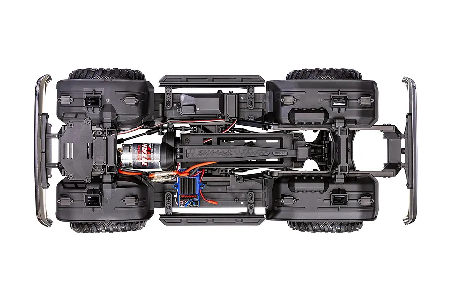 Top-down view of the Traxxas TRX-4 chassis showing the motor, ESC, and drivetrain components.