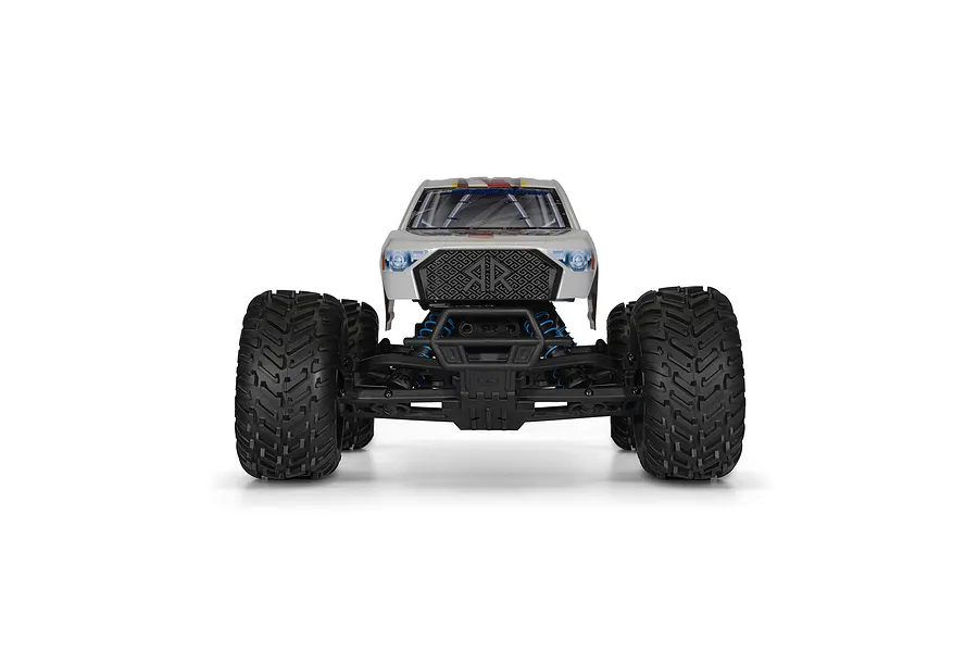 Front view of the ARRMA Freedom Flyer RC monster truck featuring a silver body, black grille, and large knobby tires against a white background.