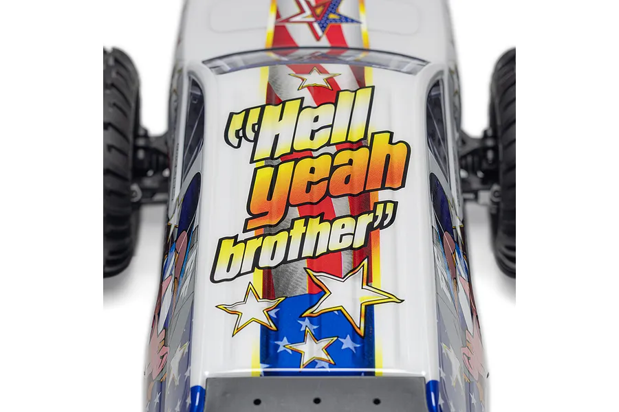 Top-down view of an ARRMA RC monster truck body featuring patriotic American flag graphics and the text Hell yeah brother.