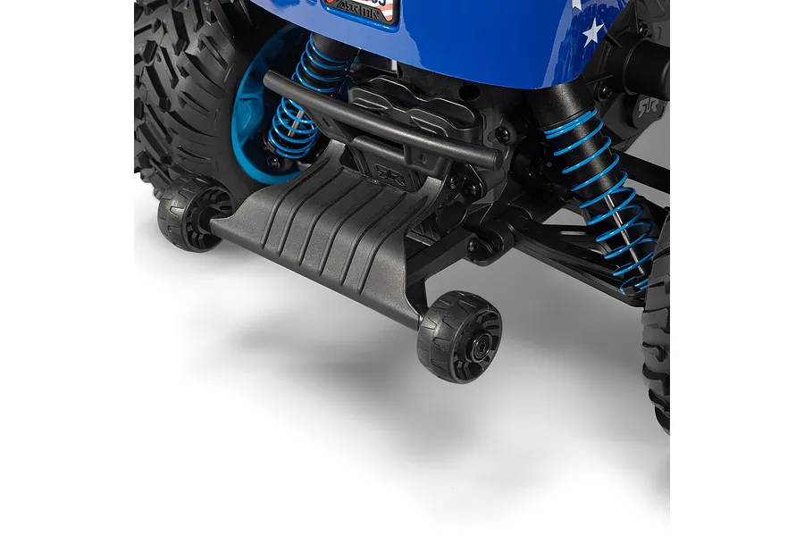 Close-up of the rear wheelie bar and suspension assembly on an ARRMA RC monster truck with blue springs and a blue body shell.