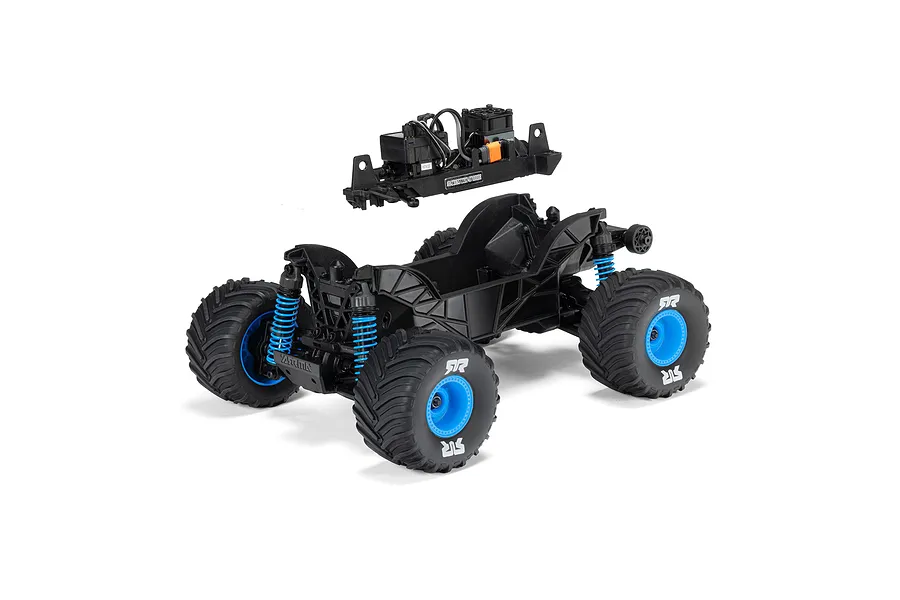 ARRMA Grom RC monster truck chassis with the electronics module removed and hovering above the main frame.