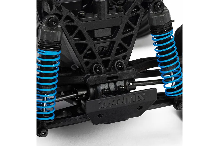 Close-up of the rear suspension and bumper of an ARRMA RC vehicle, showing blue coil springs and black plastic components.
