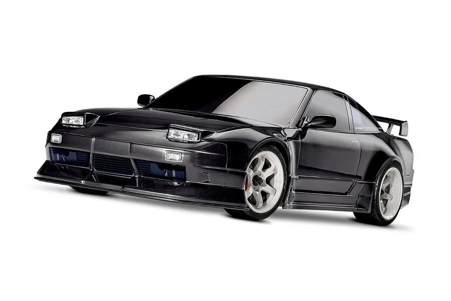 A studio shot of a black Traxxas 4-Tec 2.0 Nissan 240SX RC car with white wheels on a white background.