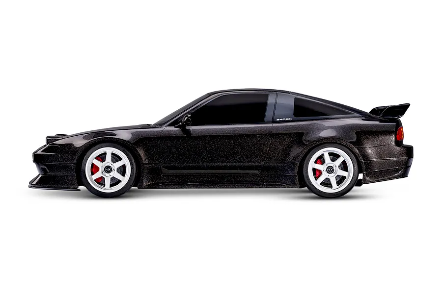 Side profile of a black Traxxas 4-Tec 2.0 Nissan 240SX RC car with white wheels and red brake calipers on a white background.