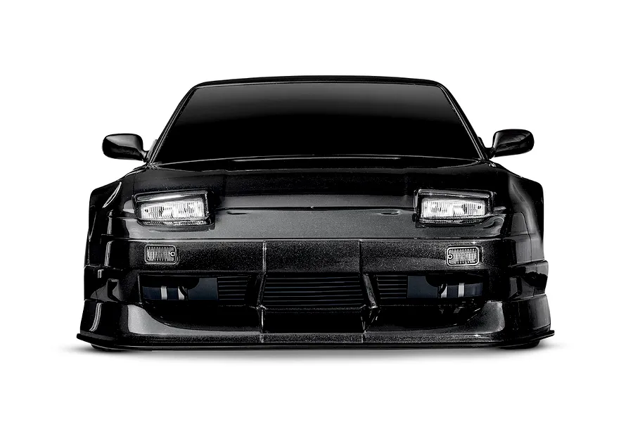 Front view of a black Traxxas 4-Tec 2.0 Nissan 240SX RC car body shell with pop-up headlights.