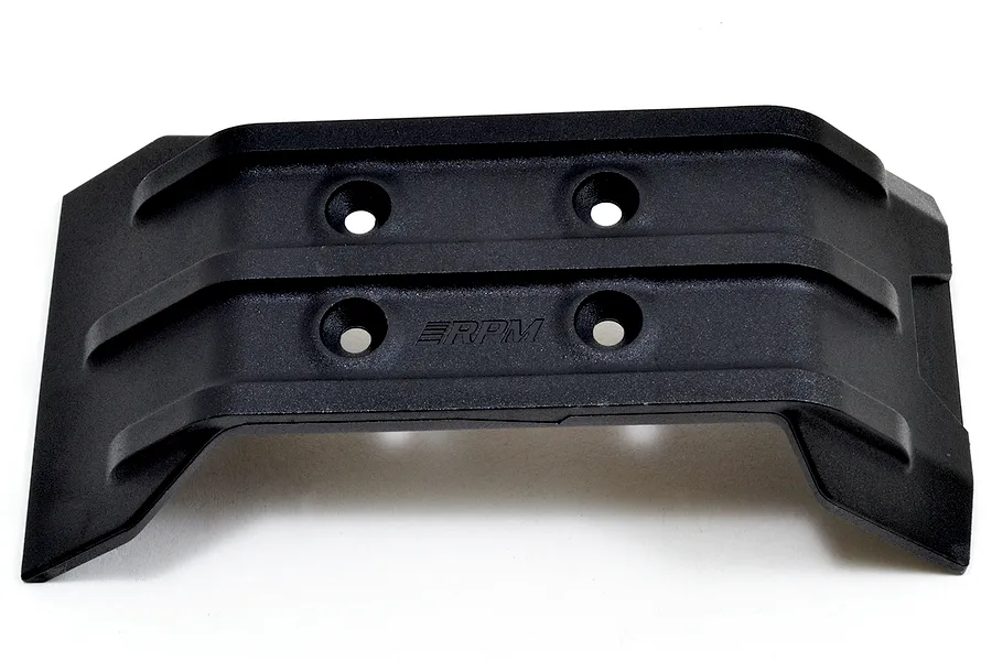 A black RPM front skid plate for an RC vehicle, featuring a molded plastic design with four mounting holes and the RPM logo embossed on the surface.