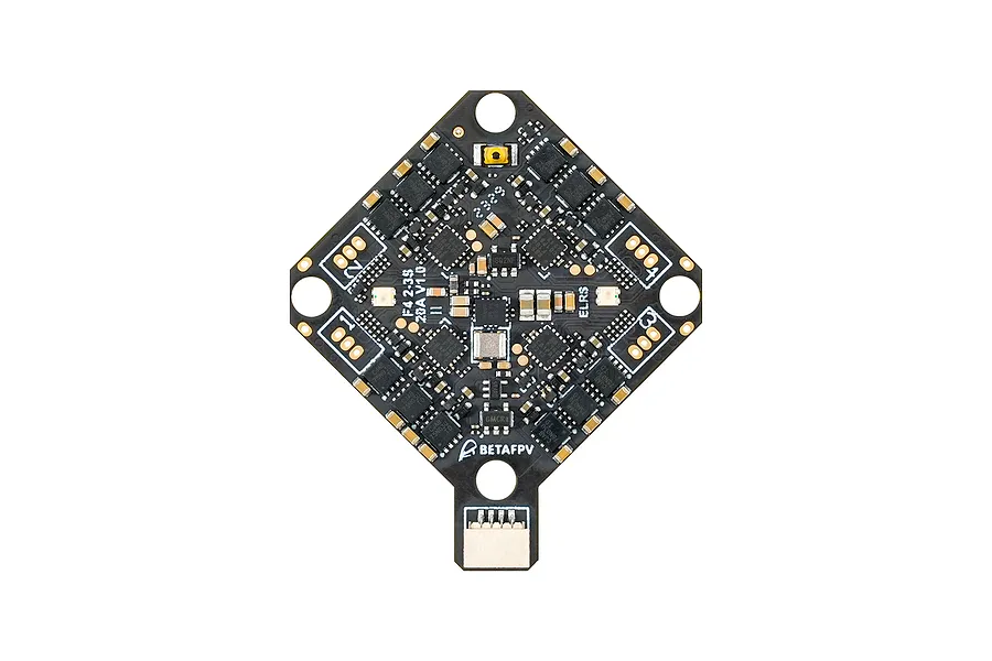 Top-down view of a black BetaFPV F4 2-3S 20A AIO flight controller board with gold solder pads and electronic components.