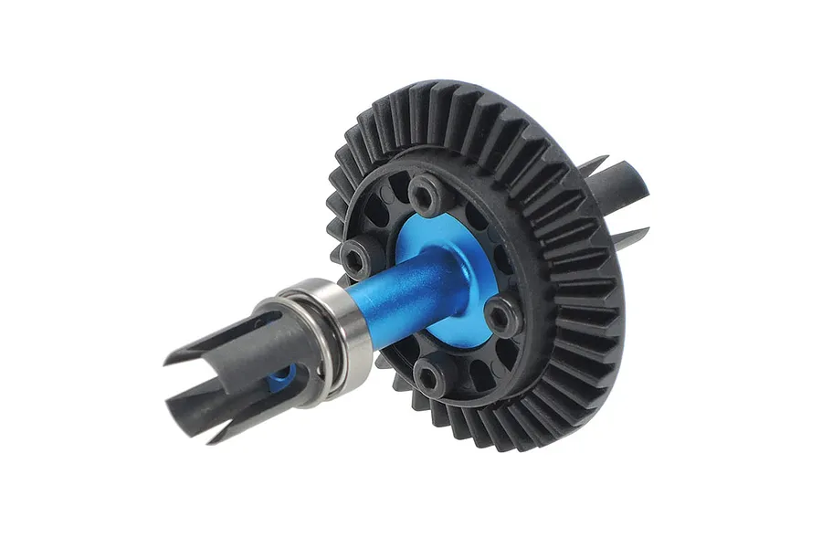 Tamiya front direct coupling set featuring a blue anodized aluminium shaft and black steel bevel gear with drive cups.