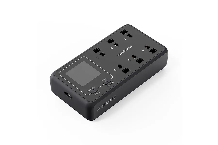 BetaFPV HexaCharger 6-port 1S battery charger in black with an LCD screen, control buttons, and numbered charging ports.