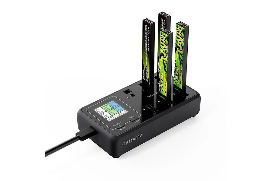 BetaFPV HexaCharger 6-port 1S smart charger with three LAVA LiHV batteries plugged in, showing a digital display and control buttons on a white background.
