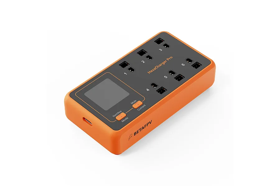 BetaFPV HexaCharger Pro 78W 1S 6-port smart charger in orange and black, featuring a digital display, control buttons, and six charging ports.