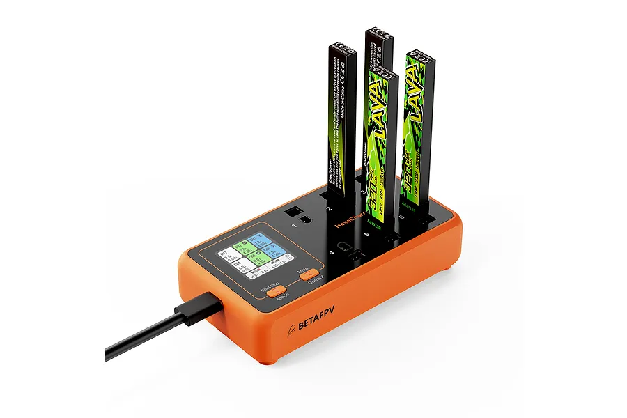 BetaFPV HexaCharger Pro 78W 6-port smart charger with three LAVA 1S LiHV batteries plugged in, featuring an orange casing and digital display.