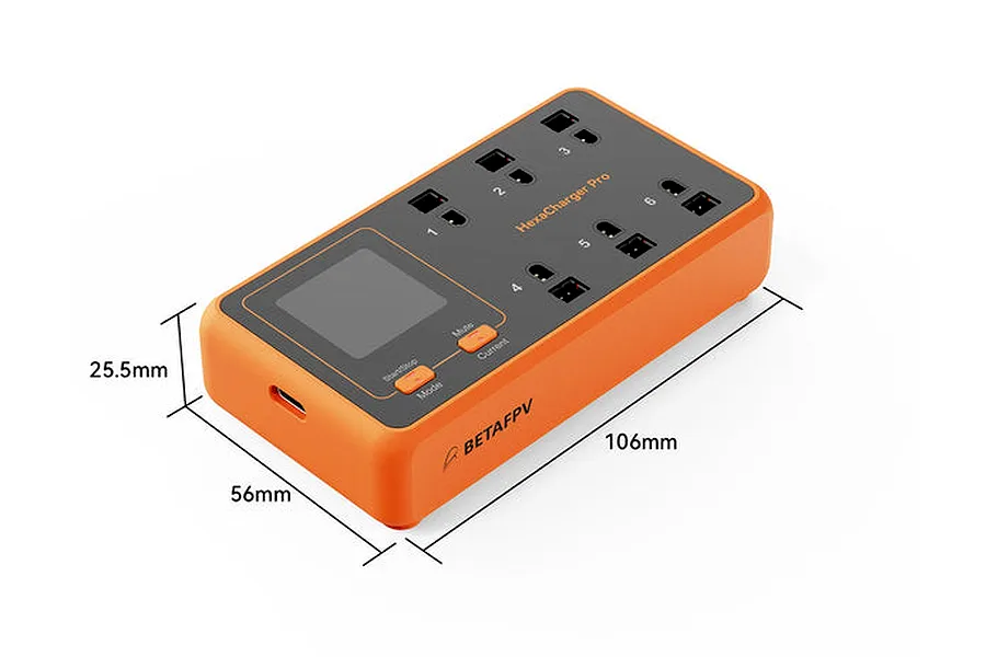 BetaFPV HexaCharger Pro 6-port 1S battery charger in orange and grey with dimension labels showing 106mm by 56mm by 25.5mm.