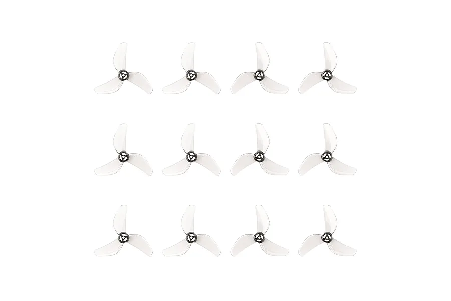 Twelve clear grey 3-blade propellers for RC drones arranged in a 4x3 grid on a white background.