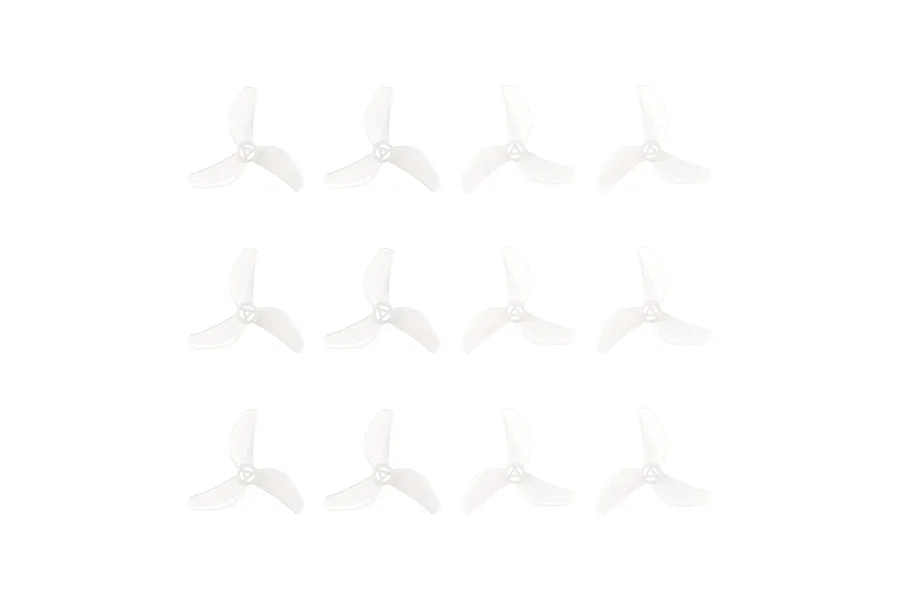 A grid of twelve clear, three-blade drone propellers arranged in three rows of four against a white background.